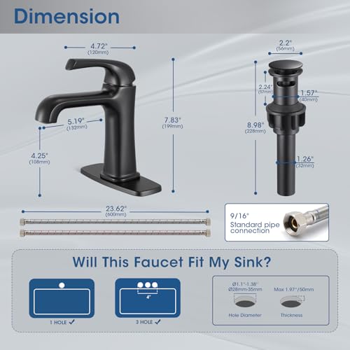 Matte Black Bathroom Faucet, Brass Single Hole Bathroom Faucets for 1 or 3 Holes, Vanity Faucet with Supply Lines and Deck Plate, Pop Up Drain - color: A-Matte Black