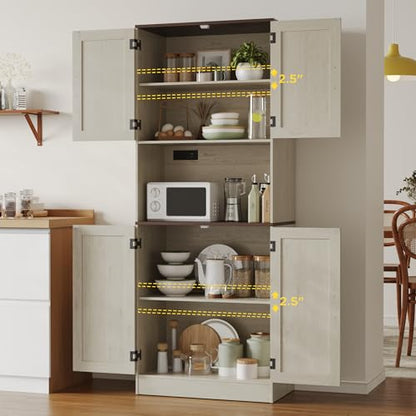 MHOM 71" Tall Pantry Cabinet with Charging Station, Farmhouse Kitchen Hutch with Adjustable Shelves, Modern Kitchen Pantry Storage Cabinet for Dinning Room & Living Room, Antique Oak - color: Oak