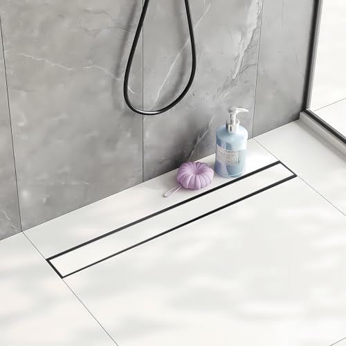 24 Inch Tile Insert Linear Shower Drain with Leveling Feet and Rubber Gasket 2" Outlet Plastic ABS Flange and Hair Strainer - Removable Brushed SS304 Grate - Fit 2" or 3" Pipe