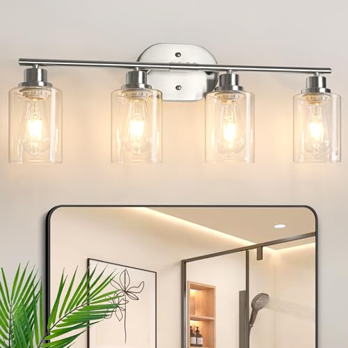 Bathroom Light Fixtures, 4 Light Vanity Lights for Bathroom, Brushed Nickel Wall Lamp with Clear Glass for Mirror, Living Room, Hallway, Cabinet, E26 Base - color: Matt Nickel, size: 4 Light