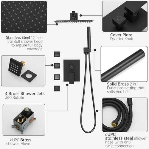 Hoimpro 12 Inch Rainfall Shower Faucet with 4 Full Body Shower Jet Fixtures Combo, Shower System Set with Rain Mixer Shower Head and Brass 2 in 1 Spray Handheld Showerhead, Wall Mounted, Matte Black - color: Black