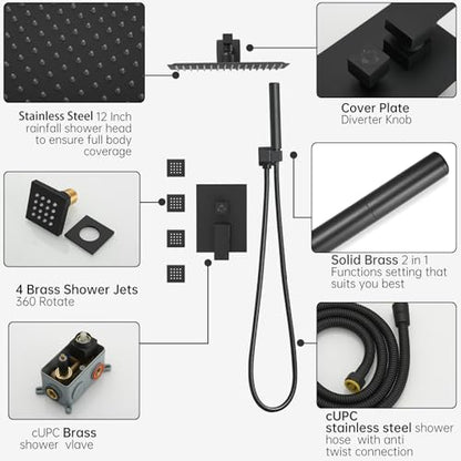 Hoimpro 12 Inch Rainfall Shower Faucet with 4 Full Body Shower Jet Fixtures Combo, Shower System Set with Rain Mixer Shower Head and Brass 2 in 1 Spray Handheld Showerhead, Wall Mounted, Matte Black - color: Black