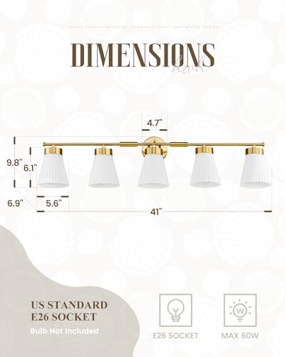 Bathroom Light Fixture, HWH 5-Light Bathroom Vanity Light Brushed Gold Vanity Lighting Over Mirror, Modern Vanity Lights with Frosted White Striped Glass, 5HZG97B-5W BG - color: Brushed Gold, size: 5-Light