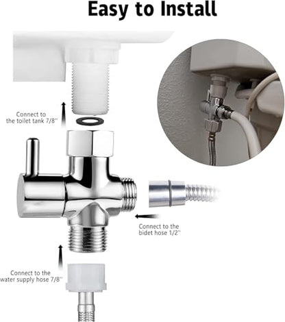Bidet T Adapter with Shut-off Valve: 3 Way Brass T-valve for Bidet 7/8”X 7/8”X 1/2” - Tee Connector Leakproof Adjust Water Pressure Toilet Attachment Bathroom Installation