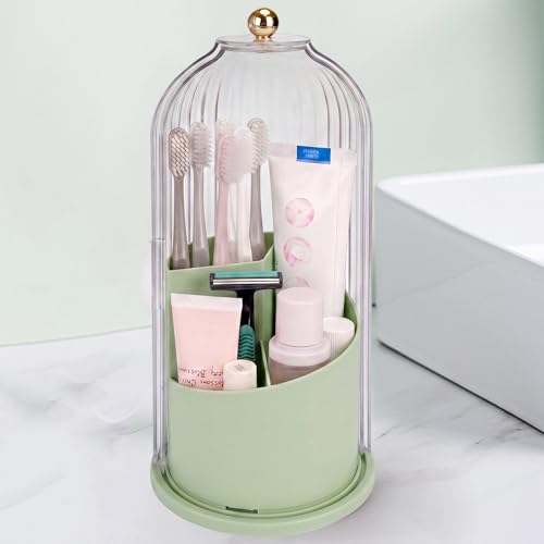 QIYVLOS Toothbrush Holders with Sliding Lid, Rotating 3 Slots Bathroom Organizer Countertop, Tooth Brush Toothpaste Holder Bathroom Counter Stand Sink Organizer Caddy for Makeup Brushes Holder (Green) - color: Green+Transparent