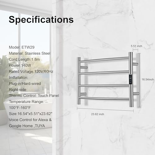 Electric Towel Rack with Voice Control for Alexa & Google Home,TUYA - Wall-Mounted Bathroom Heating Towel Warmer,Plug-in,Stainless Steel Material,16.54x23.62x5.51 in,Brushed，4 Bars - color: Brushed With Wifi, size: 4 Bar
