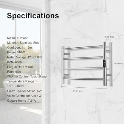 Electric Towel Rack with Voice Control for Alexa & Google Home,TUYA - Wall-Mounted Bathroom Heating Towel Warmer,Plug-in,Stainless Steel Material,16.54x23.62x5.51 in,Brushed，4 Bars - color: Brushed With Wifi, size: 4 Bar