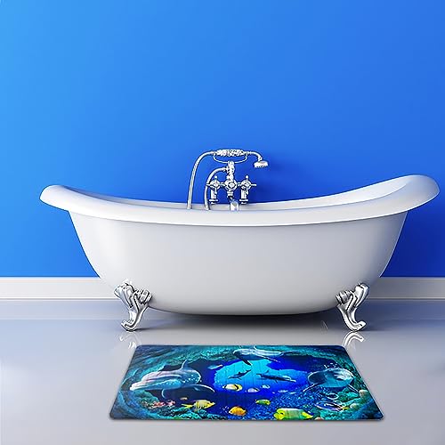 Navy Blue Non Slip Bath Tub Mat Ocean Shower Mat Non-Slip Cute Dolphin Blue Sea Ocean Fish Bathtub Mats with Suction Cups and Drain Holes Bathroom Soft Showermat 15"x27" - color: Dolphin&fish