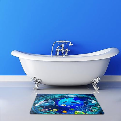 Navy Blue Non Slip Bath Tub Mat Ocean Shower Mat Non-Slip Cute Dolphin Blue Sea Ocean Fish Bathtub Mats with Suction Cups and Drain Holes Bathroom Soft Showermat 15"x27" - color: Dolphin&fish
