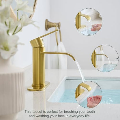 VOTON Waterfall Bathroom Faucet Brushed Gold, Single Handle 1 or 3 Hole Modern Sink Faucet with Deck Plate & Pop-Up Drain, RV Camper Vanity Washbasin Tap - color: Brushed Gold