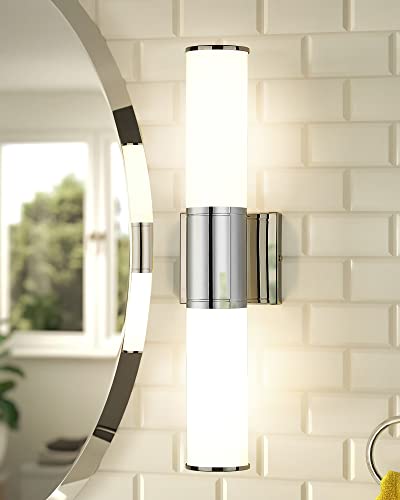 2-Light Chrome Bathroom Vanity Light Fixtures, Milk Glass Shades | 2-light modern bathroom wall sconces, vertical or horizontal mounting, E26 base, hardwired, bulbs not included, VL834-CH-ML - color: Chrome-Milk Glass