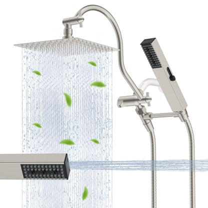Hibbent All Metal cUPC Certified Shower Head, 10'' High Pressure Rainfall Showerhead Combo, Handheld Shower Wand, 12'' Adjustable Extension Arm, 4-Spray, 71'' Hose, Shower Holder, Brushed Nickel - color: Brushed Nickel, style: Square 10''