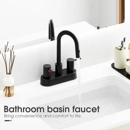 Stainless Steel Matte Black Bathroom Faucet with Pull Out Sprayer, Black Dual-Function Spout Bathroom Sink Faucet, 4 Inch Two Handle Utility Sink Faucet with Sprayer 3 Hole, Pet Shower, RVs - color: Matte Black