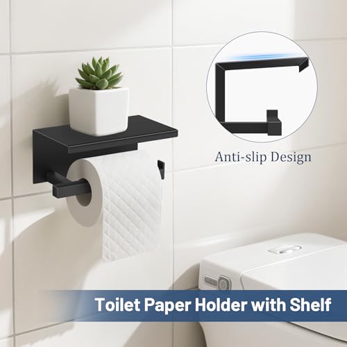 TURS 5-Pieces Matte Black Bathroom Hardware Accessories Set 23.6" Towel Bar Set Wall Mounted Square Toilet Paper Holder with Shelf Stainless Steel - color: Matte Black
