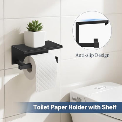 TURS 5-Pieces Matte Black Bathroom Hardware Accessories Set 23.6" Towel Bar Set Wall Mounted Square Toilet Paper Holder with Shelf Stainless Steel - color: Matte Black
