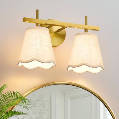 Modern Bathroom Vanity Light, 2-Light Brushed Gold Bathroom Light Fixtures with Scalloped Linen Fabric Shade, Vanity Lighting Fixtures Over Mirror (Exclude Bulb) - color: Gold, size: 2 Light