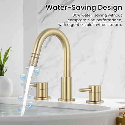 Pull-Down Bathroom Faucet 3 Hole 8 Inch with Pop-Up Drain,Brushed Gold | 360° Swivel Spoutr & Dual Modes,8" Widespread 2-Handle, Pop-Up Drain & 10-Min Install for 3-Hole Bathroom Sink Faucets. - color: Brush Gold