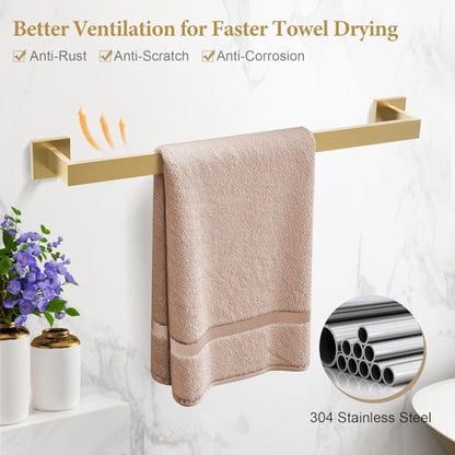 TURS Brushed Gold Bathroom Accessory Set 4-Pieces Bathroom Hardware Set Square Towel Bar Set Stainless Steel Towel Holder Set - color: Brushed Gold, size: Set B