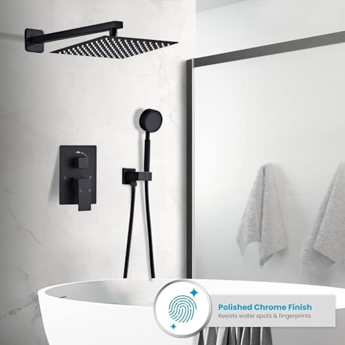 Matte Black Rainfall Shower Head, Wall Mounted 8 Inch Shower Heads with Handheld Spray Combo, Luxury Bathroom Square Rain Shower System, Solid Brass Pressure Balancd Shower Faucet Valve - color: Matte Black, style: 8 Inch