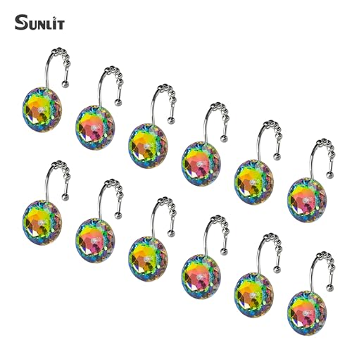 Sunlit Luxury Design Glitter Round Colorful Diamond Crystal Gem Bling with Glide Balls Shower Curtain Hooks, Rust Proof Metal Rhinestones Glam Shower Curtain Rings-12 Pack - color: Colorful