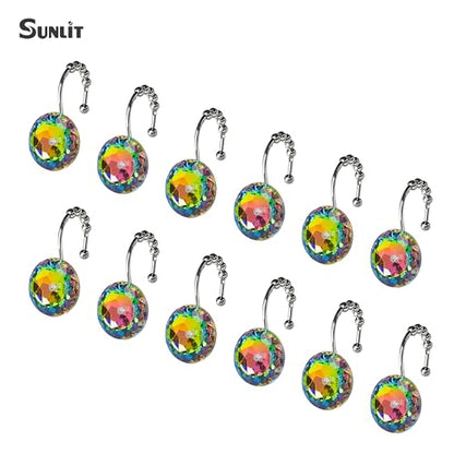 Sunlit Luxury Design Glitter Round Colorful Diamond Crystal Gem Bling with Glide Balls Shower Curtain Hooks, Rust Proof Metal Rhinestones Glam Shower Curtain Rings-12 Pack - color: Colorful
