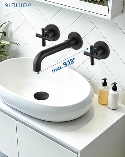 Airuida Solid Brass Matte Black Wall Mount Bathroom Faucet | 360° Swivel Spout,Rough in Valve,2 Cross Handle,3 Hole,Widespread - color: Matte Black