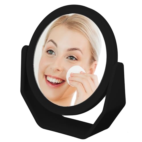 EXPRESSIONS Black Soft Touch Rotating Makeup Mirror - 1x/2x Magnification | Round Vanity Mirror Handheld Tabletop & Travel. Small Magnifying Desk Mirror for Women - Compact - color: Black, size: 7.2"L x 6.6"W