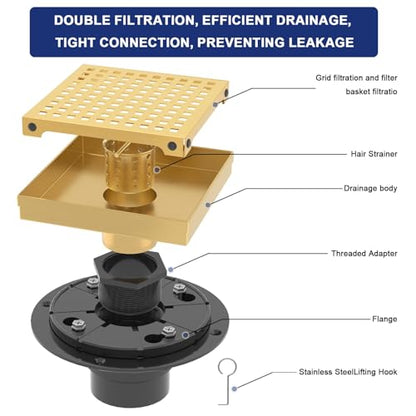 6 Inch Brushed Gold Square Shower Drain with Removable Grate | AISI 304 Stainless Steel Shower Drain, Shower Floor Drain with Hair Catcher & ABS Flange, Fits Bathroom & Balcony etc - color: Brushed Gold, size: 6 in