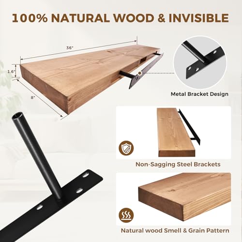 Solid Wood Floating Shelves, 36 Inch Wall Shelves, Set of 2, Oak | 8 Inch Deep, 1.6 Inch Thick, Extra-Wide Display Space, Mounting Hardware Included, For Kitchen, Bathroom and Living Room - color: Oak, size: 36x8x1.6