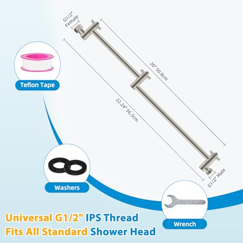 All-Metal 20" Shower Head Extension Arm, G1/2" Universal, Brushed Nickel | Flexible Brass Shower Extender Height/Angle Adjustable for Tall People, Stainless Steel Shower Pipe Extended with Lock Joint - color: Brushed Nickel, size: 20 Inch