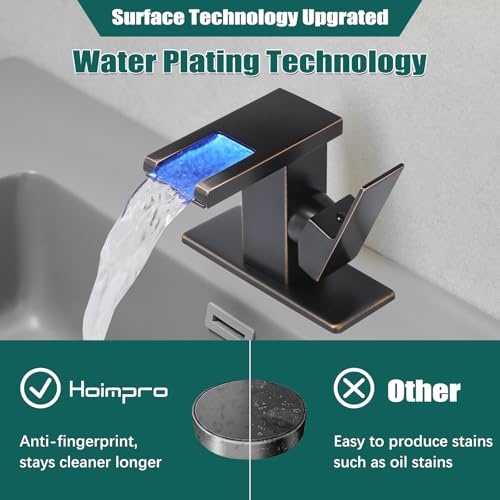 Hoimpro LED Bathroom Faucet, Single Handle Sink Faucets Bronze | Waterfall Widespread Faucet, 3 Colors Light Changing, with Pop-up Drain & cUPC Supply Lines, for Sink Vanity RV Restroom - color: Oil Rubbed Bronze