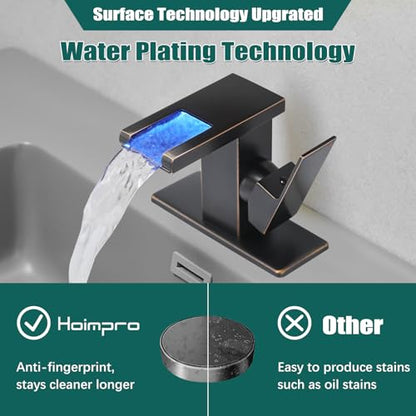 Hoimpro LED Bathroom Faucet, Single Handle Sink Faucets Bronze | Waterfall Widespread Faucet, 3 Colors Light Changing, with Pop-up Drain & cUPC Supply Lines, for Sink Vanity RV Restroom - color: Oil Rubbed Bronze