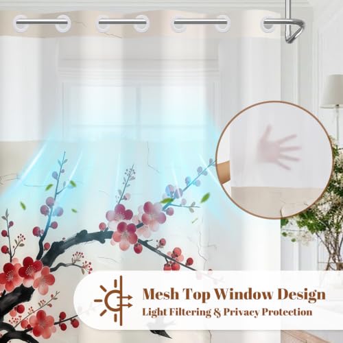 Plum Blossom Shower Curtain with Snap in Liner & Tassels, 71Wx77L | No Hook Needed, Double Layer Waterproof Fabric with Mesh Top, Flowering Tree Design for Minimalist & Zen Inspired Bathroom - color: Red Plum Blossom