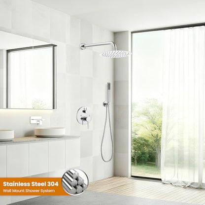 gotonovo Shower Faucet Set with Rough-in Valve Trim Kit,Polish Chrome | 10 Inch Round Rain Showerhead with Handheld Spray,Bathroom Wall Mount Shower System Complete Combo,2-in-1 Diverter,All Metal - color: Chrome