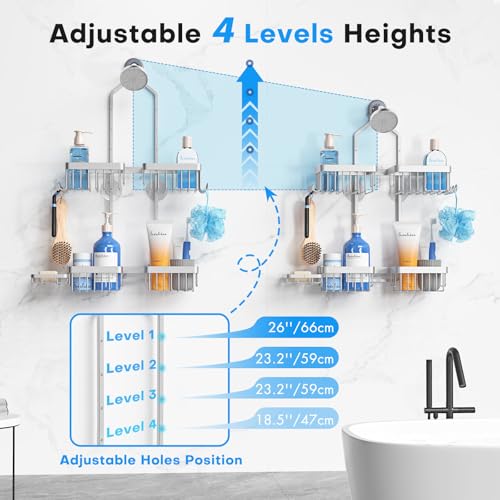 Sewulidon Aluminum Alloy Hanging Shower Caddy for Handheld Shower Heads,Rustproof Hose Shower Organizer 4 Levels Height Adjustable Shower Rack with Hooks,Razor Holder,Soap Holder - color: Aluminum Silver