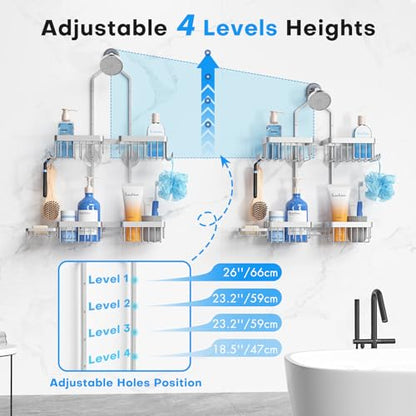 Sewulidon Aluminum Alloy Hanging Shower Caddy for Handheld Shower Heads,Rustproof Hose Shower Organizer 4 Levels Height Adjustable Shower Rack with Hooks,Razor Holder,Soap Holder - color: Aluminum Silver