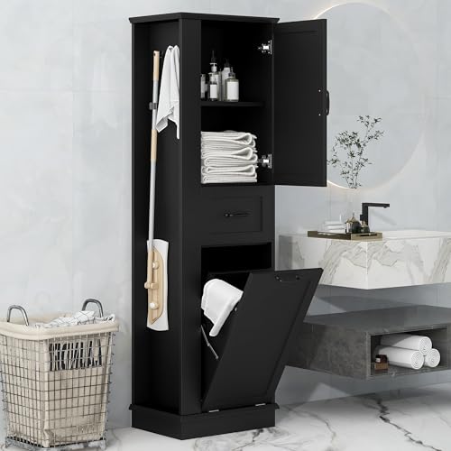 Tall Storage Cabinet, Multi-Use Bathroom Floor Freestanding Storage Cabinet with One Drawer, Adjustable Shelf, and One Tilt-Out Compartment for Bathroom, Office, Living Room, Black - color: Black/Tilt-out Compartment