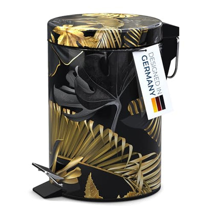 Sanilo Small Bathroom Trash Can with Lid [1.3 Gallon] - Lidded Tiny Trashcan for Garbage - Mini Metal Bin with Soft Closing Mechanism - Bath Room Accessoire Wastebin with Inner Bucket (Golden Leaves) - color: Golden Leaves
