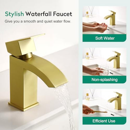 CREA Gold Waterfall Bathroom Faucet Single Hole,Brushed Gold Faucet for Bathroom Vanity Single Handle Bathroom Sink Faucet 1 Hole,Stainless Steel Utility Sink Faucet for RV Bar Lavatory(Pop Up Drain) - color: Brushed Gold, style: Rectangular Spout