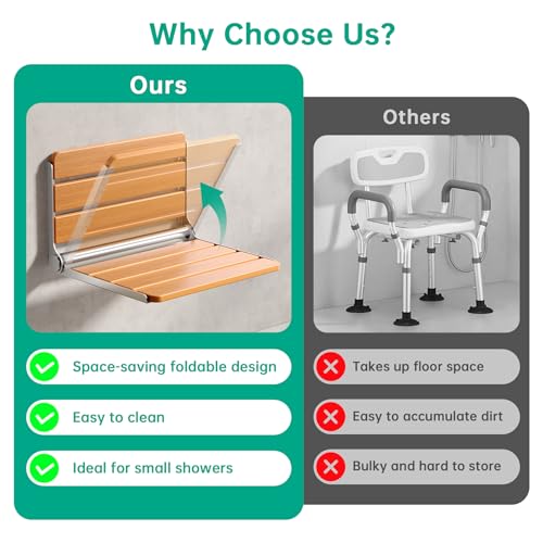 16" Wall Mounted Folding Shower Seat Bench - Heavy Duty 400lb Capacity, ADA Compliant Teak & Stainless Steel Shower Chair for Elderly, Disabled, Bathroom Safety - size: 16 inch