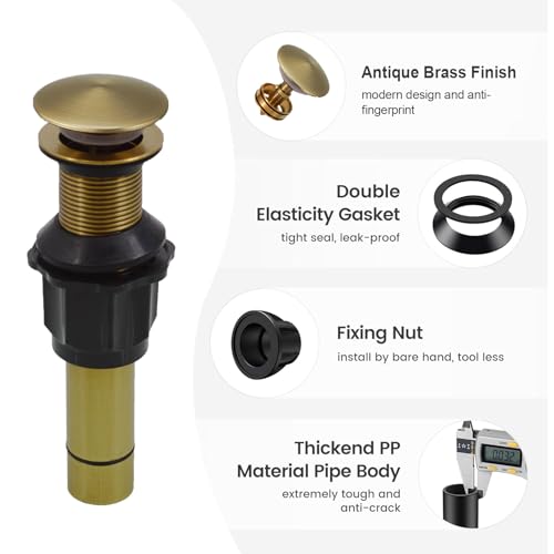 Bathroom Sink Drain Without Overflow, Antique Brass Bathroom Sink Stopper for Vanity Vessel Sink, Rapid Draining Stainless Steel Pop Up Drain with Hair Catcher Anti-Clog Strainer - color: Antique Brass