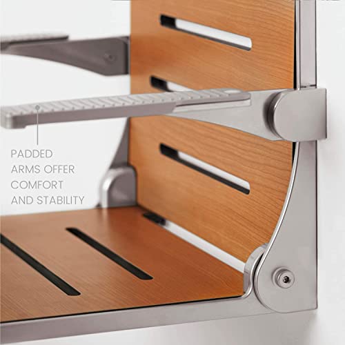 Seachrome Silhouette Comfort Folding Wall Mount Shower Bench Seat with Arms, Teak Seat with Silver Frame - color: Teak Seat With Silver Frame and Silver Arm Pads
