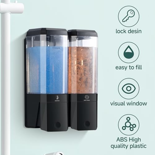 Shampoo and Conditioner Dispenser 2 Chamber No Drill Shampoo Dispenser for Shower Wall Mounted Shower Soap Dispenser 2 * 500ml Refillable Shower Dispenser for Bathroom Hotel(Black 2 Chamber) - color: Black-clear-2