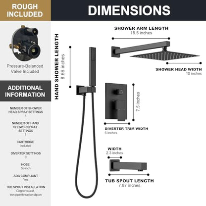 Lava Odoro Modern 3-Setting Square Shower and Tub Faucet Set with Shower Head and Handheld Sprayer Black, Rainfall Shower System with Tub Spout, Shower Valve Trim Kit, Matte Black, SF103-MB-T - color: Matte Black, style: With Tub Spout