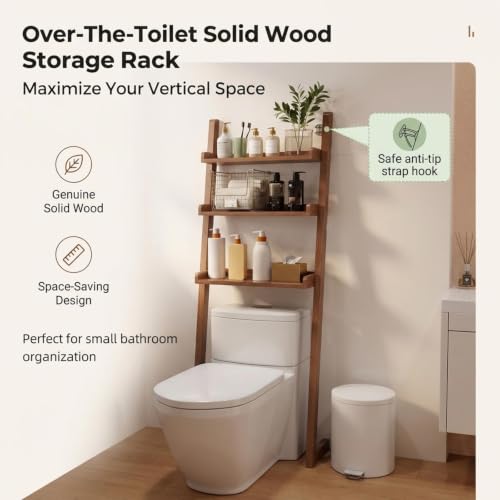 Over the Toilet Storage Shelf Solid Wood 3 Tier Leaning Ladder Rack | Solid Wood Construction, Wall-Mounted Leaning Design for Small Bathroom,Ideal for Apartment Renters(Brown) - color: Brown