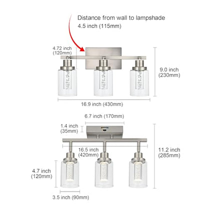 MELUCEE 3-Light LED Track Light Brushed Nickel with Flexibly Pivoting Heads | Modern Ceiling Light Bathroom Wall Light, Built-In LED Chips, 5-Color Temperature Adjustable - color: Brushed Nickel, size: 3 Lights