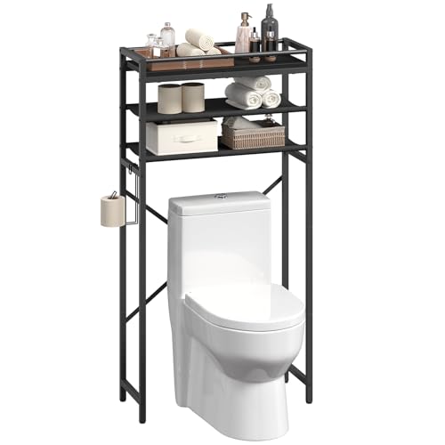 MAHANCRIS Over Toilet Storage, 3-Tier Bathroom Organizer Shelf with Toilet Paper Holder, Freestanding Space Saver Bathroom Shelves Above Toilet for Bathroom, Laundry Room, Black TSBK1201 - color: Black