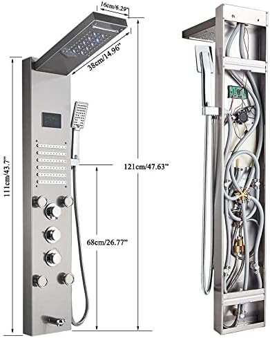 Brushed Nickel LED Rainfall Shower Panel Tower Faucet Massage Suit Body Jets
