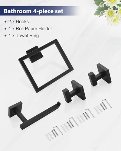 Matte Black Bathroom Accessories, Toilet Paper Holder, Towel Ring & Hooks | Lairuier Bathroom Hardware Set, Toilet Paper Holder Set SUS304 Stainless Steel Bath Hand Towel Ring for Bathroom Wall Mounted - color: Matte Black
