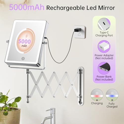 FASCINATE 8.7" 5000mAh Rechargeable Wall Mounted Makeup Mirror (Chrome) | Double Sided Touch Switch 1X 30X Magnifying Bathroom Mirror, 3 Color Lights Dimmable Extended Arm 360°Rotation - color: Chrome C